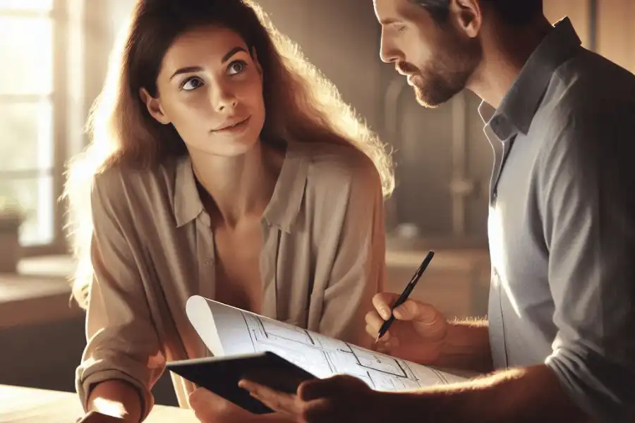 Slightly artificial AI-generated image of homeowner and contractor, via Bing