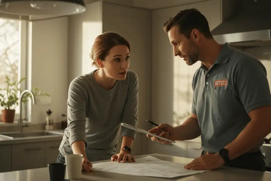 Realistic image of a female homeowner discussing project plans with a male contractor in a modern kitchen
