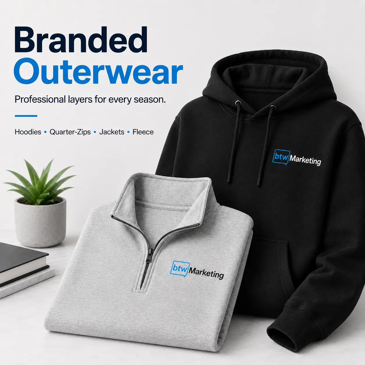 Black branded hoodie and light gray quarter-zip pullover featuring BTW Marketing logos
