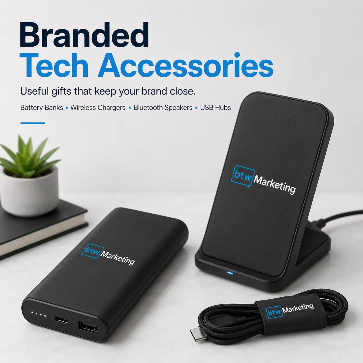 Branded battery bank and wireless desktop phone charger featuring the BTW Marketing logo