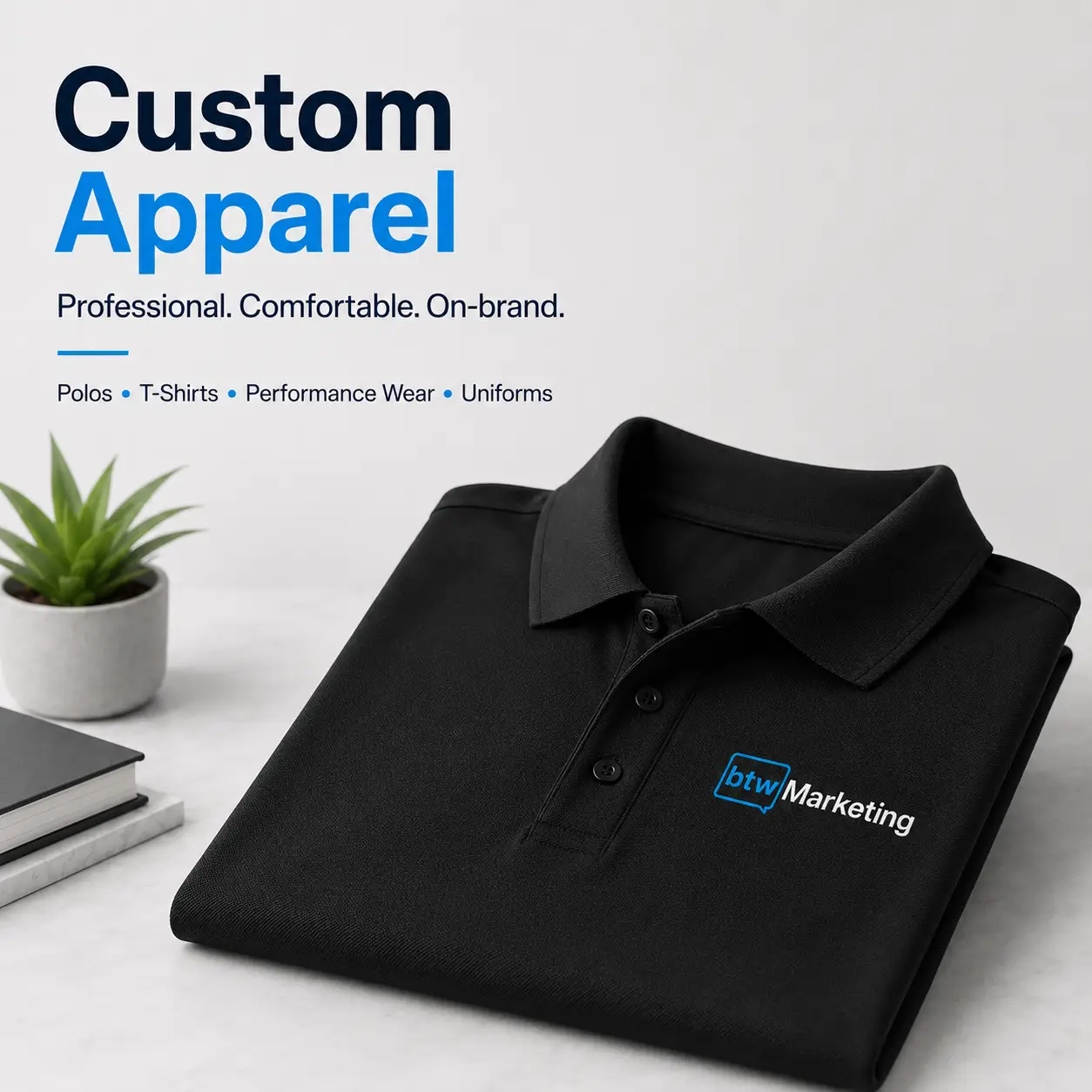 Black custom polo shirt featuring the BTW Marketing logo