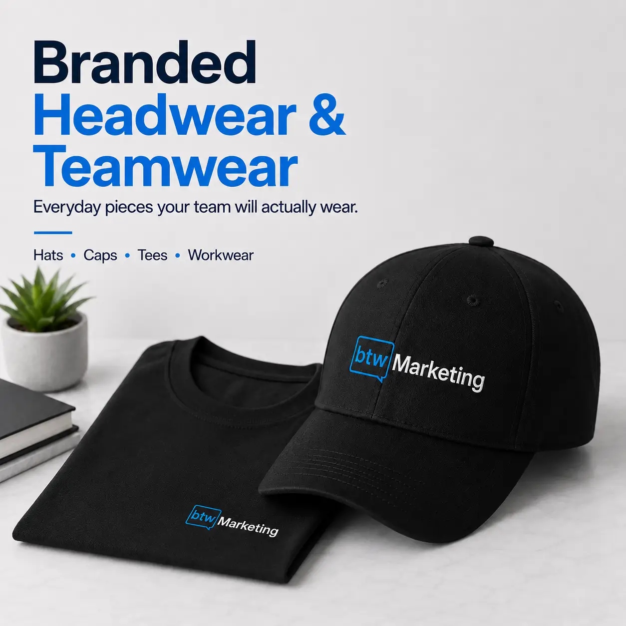 Black branded baseball cap and folded T-shirt featuring BTW Marketing logos