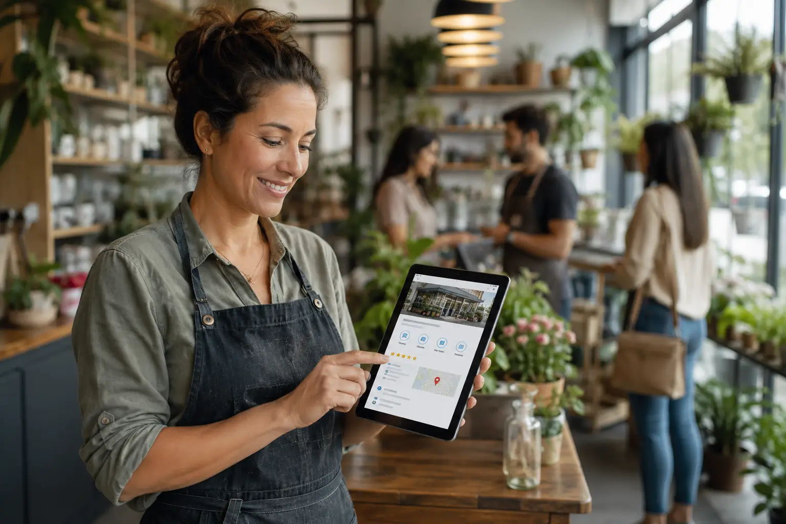 Small business owner using a tablet inside a busy local store to manage a Google Business Profile.